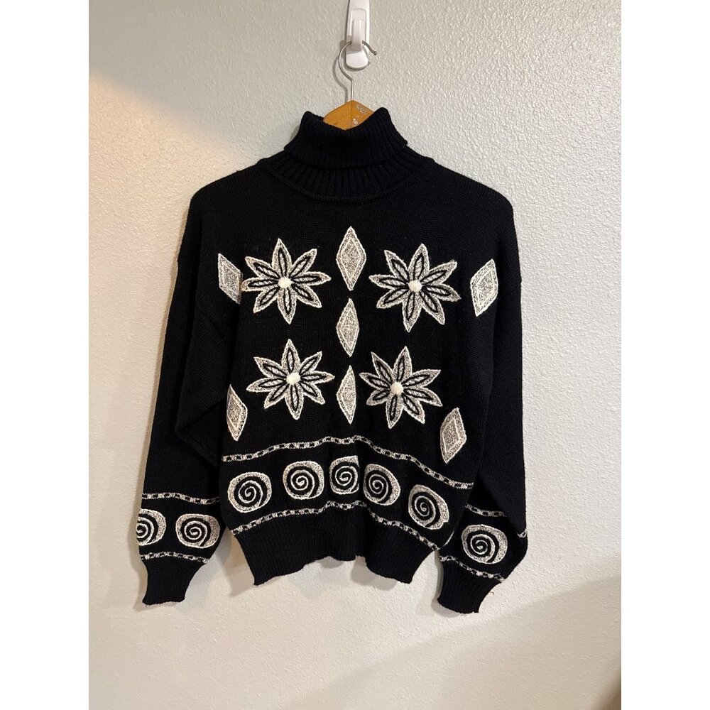 Black Turtleneck Sweater with Cream Floral Embroidery